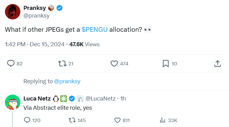 All Memeland NFT's holders
who have the Elite Chad role
and sent the special form
on the Abstract Ecosystem
Discord server — 
WILL RECEIVE $PENGU

LFG! 🤩