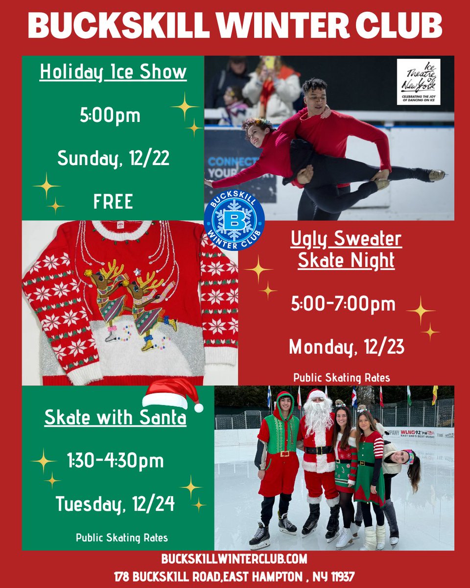 buckskill's tweet photo. Holiday Fun at Buckskill Winter Club!

❄️ Holiday Ice Show: Sun @ 5 PM
✨ Featuring pros from Ice Theatre of NY

🎄 Ugly Sweater Skate Night: Mon 5–7 PM
🎁 Wear your ugliest sweater to win prizes!

🎅 Skate with Santa: Tues, Dec 24th, 1:30–4:30 PM https://t.co/7AcrMW05iz