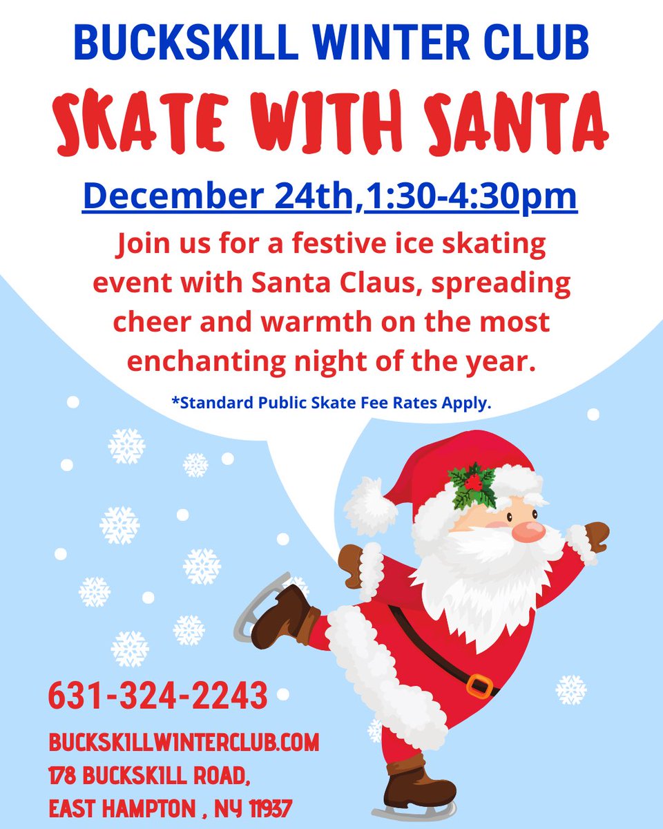Holiday Fun at Buckskill Winter Club!

❄️ Holiday Ice Show: Sun @ 5 PM
✨ Featuring pros from Ice Theatre of NY

🎄 Ugly Sweater Skate Night: Mon 5–7 PM
🎁 Wear your ugliest sweater to win prizes!

🎅 Skate with Santa: Tues, Dec 24th, 1:30–4:30 PM