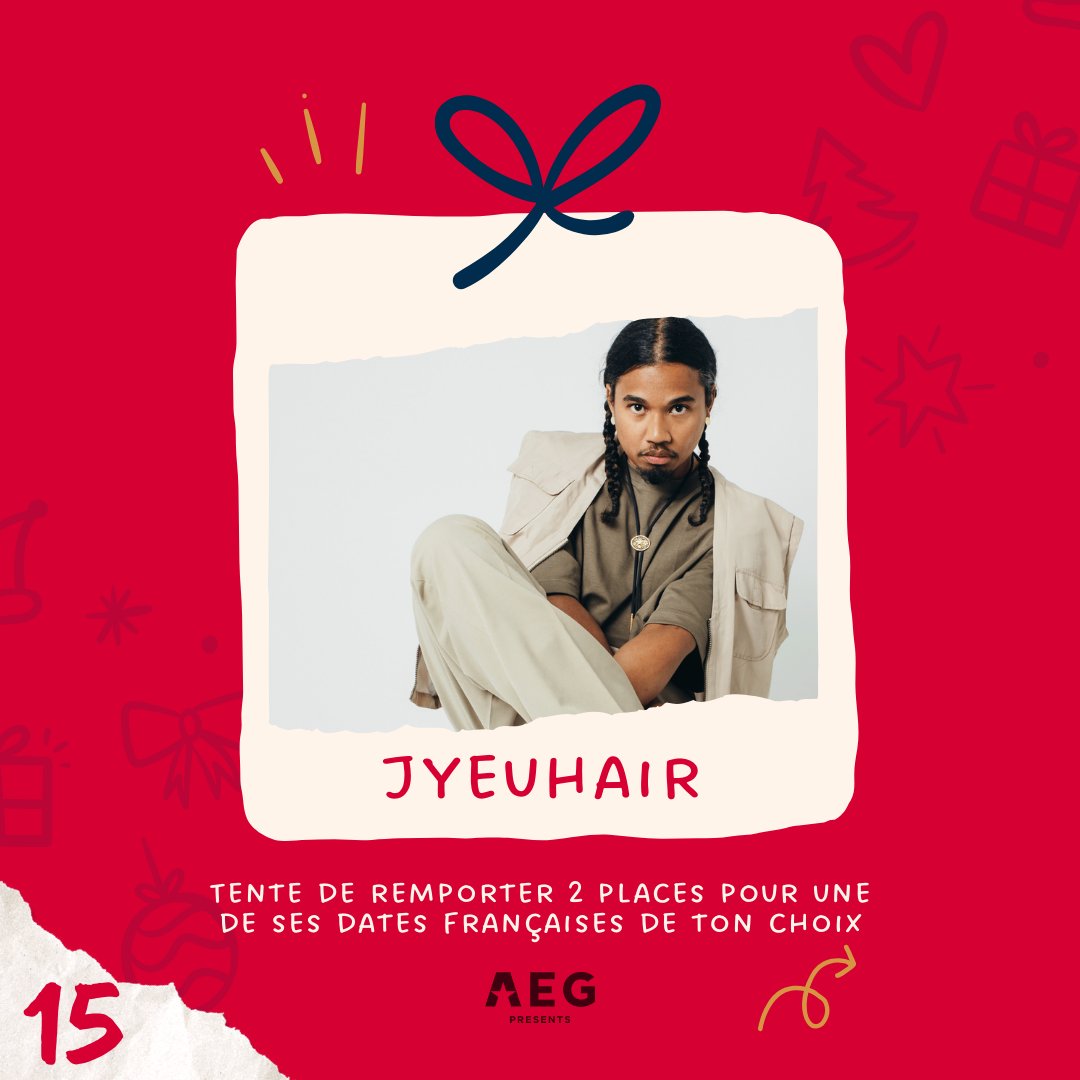 ❄️ CALENDRIER DE L’AVENT • JOUR 15 ❄️
Tente ta chance pour gagner 2 places au concert de <a href="/jyeuhair/">JYEUHAIR</a> sur l’une de ses dates françaises de ton choix 🎅