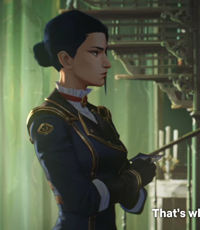 cait post dictator installation, standing in her study with a red ribbon