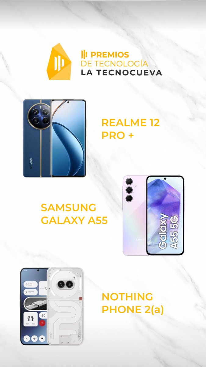 tecnocueva's tweet photo. Hoy toca conocer a los reyes de la gama media, ese podio tan deseado… Finalistas a MEJOS SMARTPHONE DE GAMA MEDIA DEL AÑO #IIIPremiosTecnoCueva
• #Realme12ProPlus
• #SamsungGalaxyA55
• #NothingPhone2a
El Jueves 19, a partir de las 19h sabremos el nombre del ganador https://t.co/cwerw93PlI