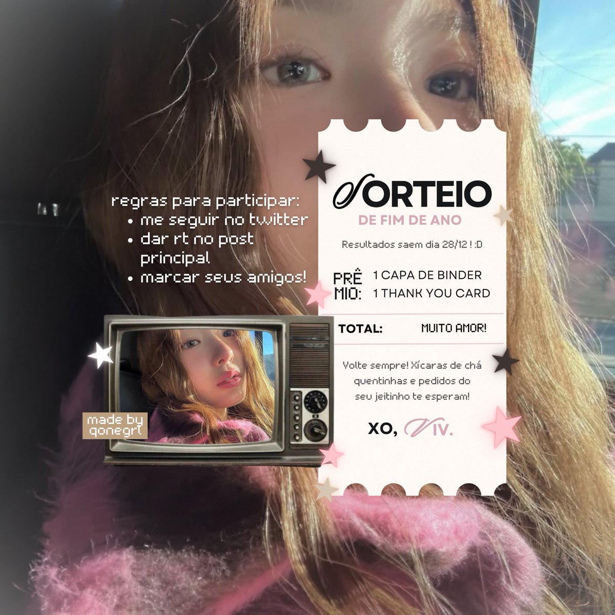 ibeugrl's tweet photo. 𓈒    ⭐️  ♡̩͙  📺   sorteio de fim de ano! 

regras:
•  me seguir + dar like e rt no post principal.
•  marcar seus amigos aqui (sem limite de marcações)

o prêmio será o design de 📓 1 capa de binder e 🧾 1 thank you card!

o resultado sai dia 28/12, boa sorte a todos! 🤞🏻🍀 https://t.co/dwl53k9N2i