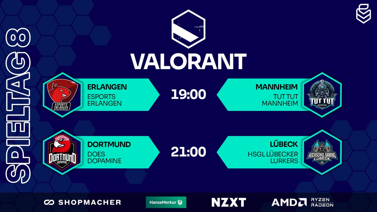 🚨VALORANT SPIELTAG🚨

🕖️19:00 Uhr - #VALORANT - 8. Spieltag
📺️twitch.tv/uniliga_aim

⚔️<a href="/esportserlangen/">eSports Erlangen e.V.</a> vs. <a href="/eSportMannheim/">eSport Uni Mannheim</a>
⚔️<a href="/dortmundesports/">Dortmund eSports</a> vs. <a href="/HsGamingLuebeck/">HochschulGamingLübeck</a>

🎬️<a href="/chris_rookey/">Christian Cost</a>
🎥 t1n1tu3thorben
🎙️<a href="/Lady_de_Rose/">Kathy x3</a> &amp; <a href="/ef_kwyjibo/">kwyjibo | Jendrik</a>