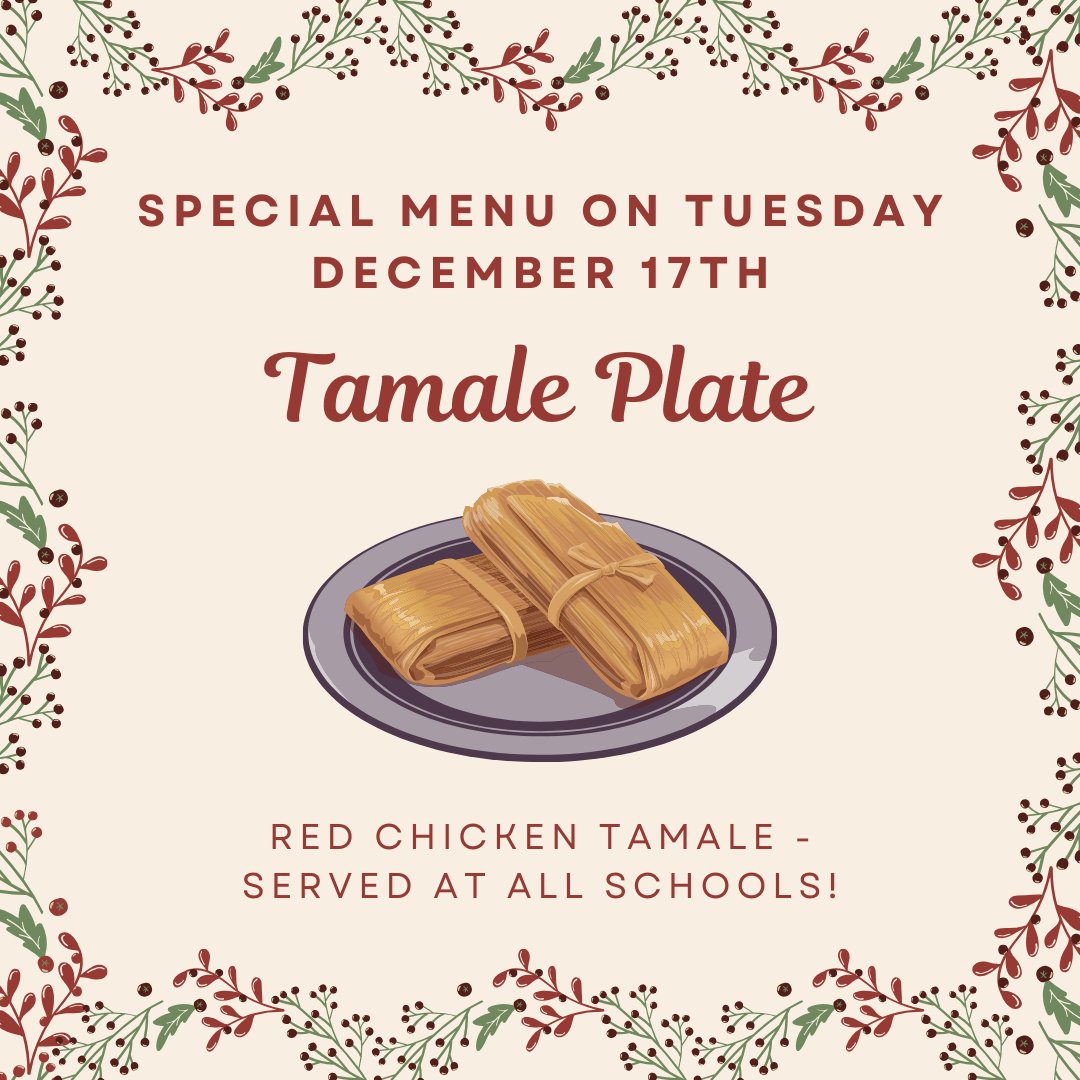 QcusdNutrition's tweet photo. 👩🏻‍🍳 Make sure you get lunch from school on Tuesday! We are serving chicken tamales with refried beans❣️ https://t.co/vCI6CZzUHV