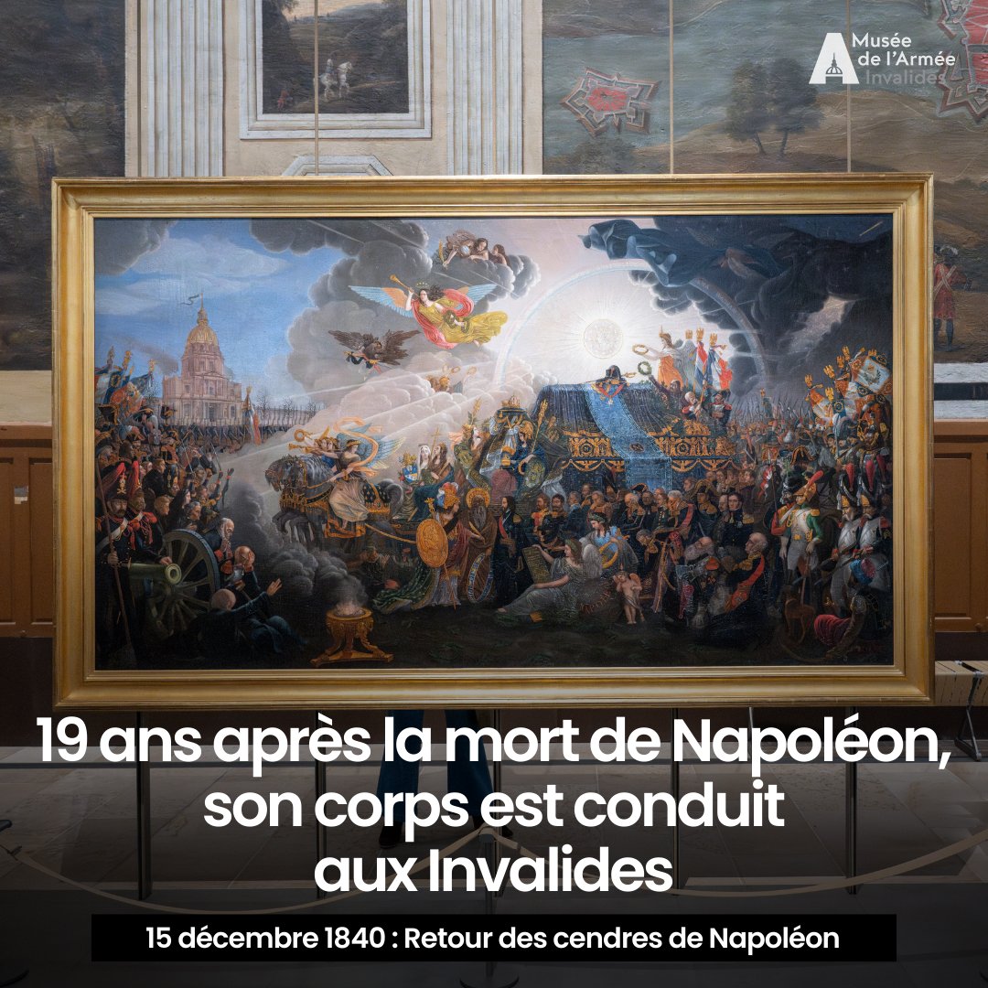 MuseeArmee's tweet photo. #Cejourlà 📌 Le 15 décembre 1840 : Retour des cendres de Napoléon à l’Hôtel national des Invalides. 

En 1840, alors que Napoléon 1er (1769-1821) est inhumé sur l’île de Sainte-Hélène depuis 1821, le roi Louis-Philippe a envoyé son fils, le prince de Joinville, récupérer la dépouille de l’Empereur. 

Le 15 décembre 1840, un char monumental porte le cénotaphe de Napoléon. Tiré par seize chevaux, il passe l’Arc de triomphe, descend les Champs-Élysées et s’achemine vers les Invalides, devant une foule immense et bouleversée.

Dans ce tableau de François Trichot-Garnery (1793-1852) le cercueil de Napoléon est escorté par les fidèles de son exil, ses anciens soldats, et de nombreuses figures allégoriques. À l’arrière-plan se dresse le Dôme, confirmé dans sa fonction de panthéon des gloires militaires avec la réception du tombeau de Napoléon.

👉 À retrouver dans la nouvelle salle : Les Invalides, entre histoire et mémoires !

📸 Nicolas Krief

#museearmee #invalides #histoire #nouveauparcours #napoleon #empereur