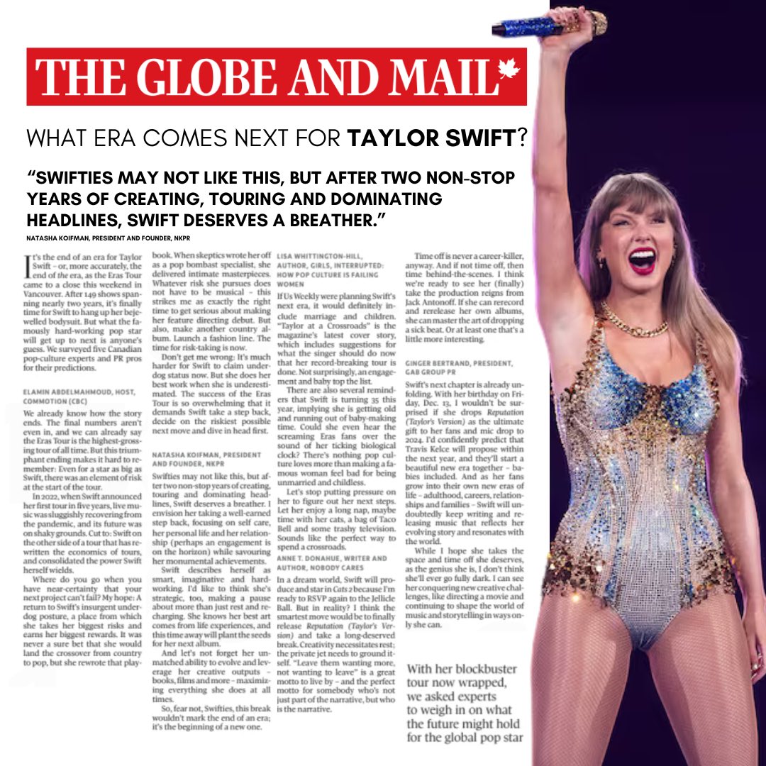 natashankpr's tweet image. Weekend Reading 📖  What’s next for #TaylorSwift after the #ErasTour? 

After 149 shows over nearly two years, it’s hard to imagine what could possibly come next for one of the world’s most dynamic and hardworking pop stars. I had the chance to share my thoughts with…