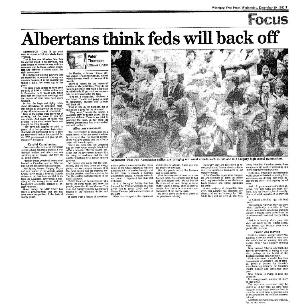 This article is from 1980, 44 years ago. Have the feds (ie. the Liberals when they are in power federally) ever really backed off? Looking at Justin Trudeau's current crusades against our oil industry, against legal gunowners, against free speech, against so many things we in the