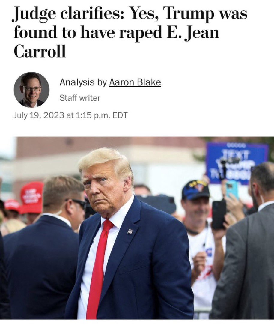 RpsAgainstTrump's tweet photo. Is Donald Trump a rapist? According to the judge who presided over E. Jean Carroll's civil lawsuit against Trump: the answer is YES https://t.co/EAFWoV05Zx