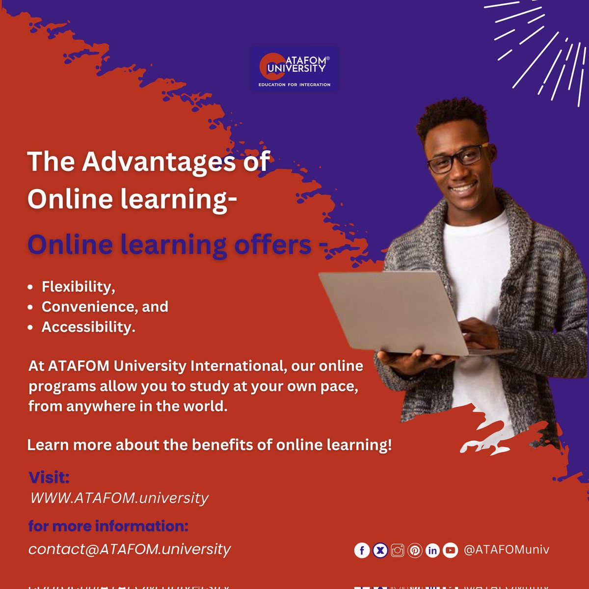 ATAFOMUni's tweet image. Flexibility. Convenience. Accessibility. 🎓✨

Online learning at ATAFOM University lets you study anytime, anywhere, at your own pace! 🌍📚

Unlock your future today! 
Visit ATAFOM.university to learn more.

#OnlineLearning #StudyAnywhere #Elearning #ATAFOMUniversity…