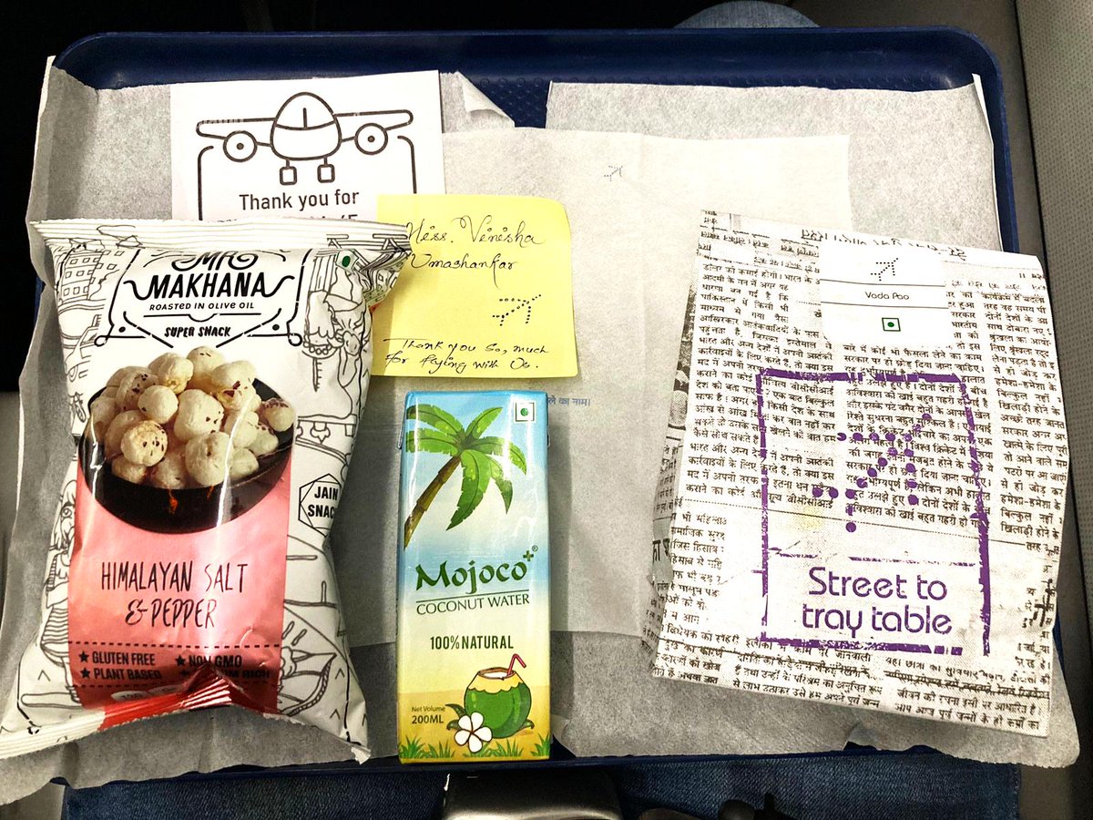 I flew on an <a href="/IndiGo6E/">IndiGo</a> from PNQ to MAA yesterday and was served the best vada pav, coconut water, Himalayan salt &amp; pepper makhana (popped lotus seeds), and a sweet handwritten note by the crew! Vada pav (fried potato fritter, sandwiched between a bun) was piping hot and tasty! 🙏