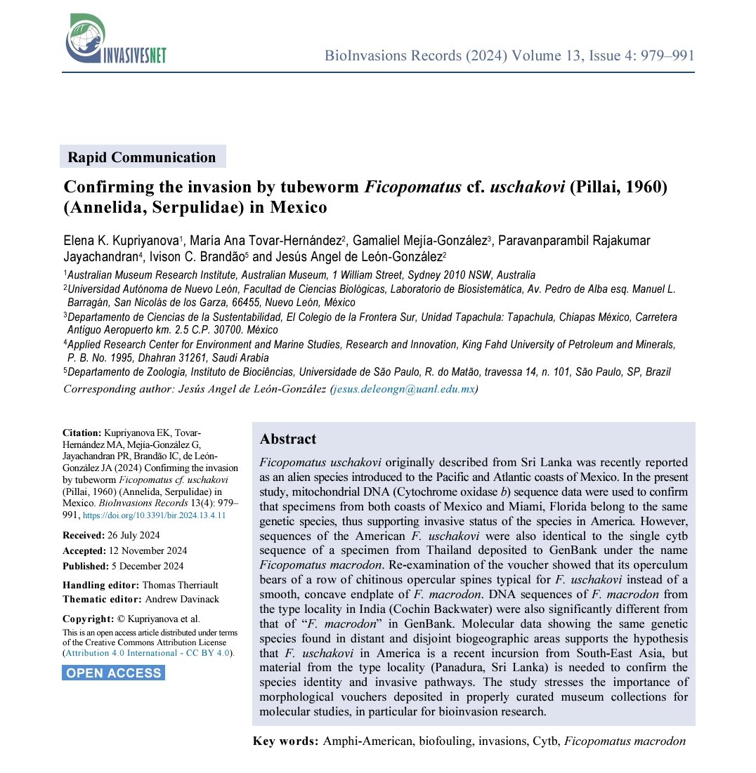 JayachandranPR's tweet photo. Our latest international collaborative study confirms the invasion of the tubeworm Ficopomatus uschakovi in Mexico, using DNA evidence to trace its origins to South-East Asia.
#InvasiveSpecies #MarineBiology #BioInvasions #Research
https://t.co/z0JEgUyHvq https://t.co/JttbDBGm7v