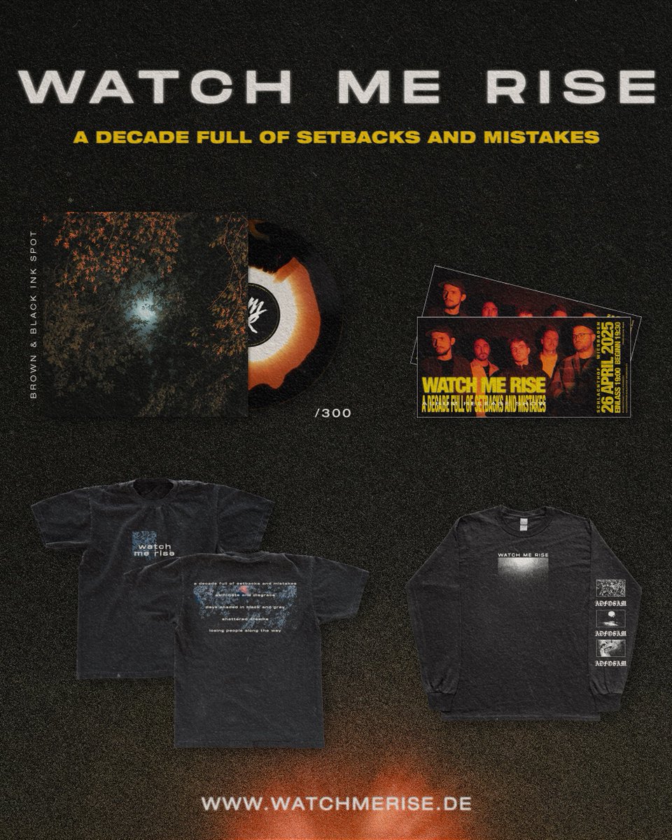 ADFOSAM PRE-ORDERS ARE UP NOW

all items designed in-house, all proceedings directly support the band, special one of a kind item for the first 20 orders containing the vinyl.

A DECADE FULL OF SETBACKS AND MISTAKES out April 25, 2025

merch.watchmerise.de