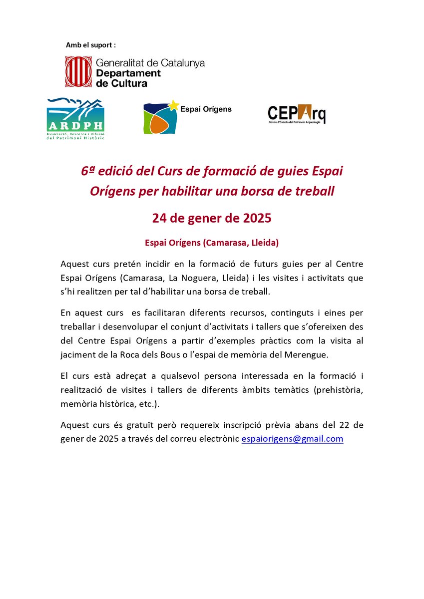 ADifusio's tweet photo. El proper 24 de gener de 2025 arriba la VI edició del "Curs de formació de guies Espai Orígens per habilitar una borsa de treball". Info👇👇👇 https://t.co/XaDIDJdyDx
