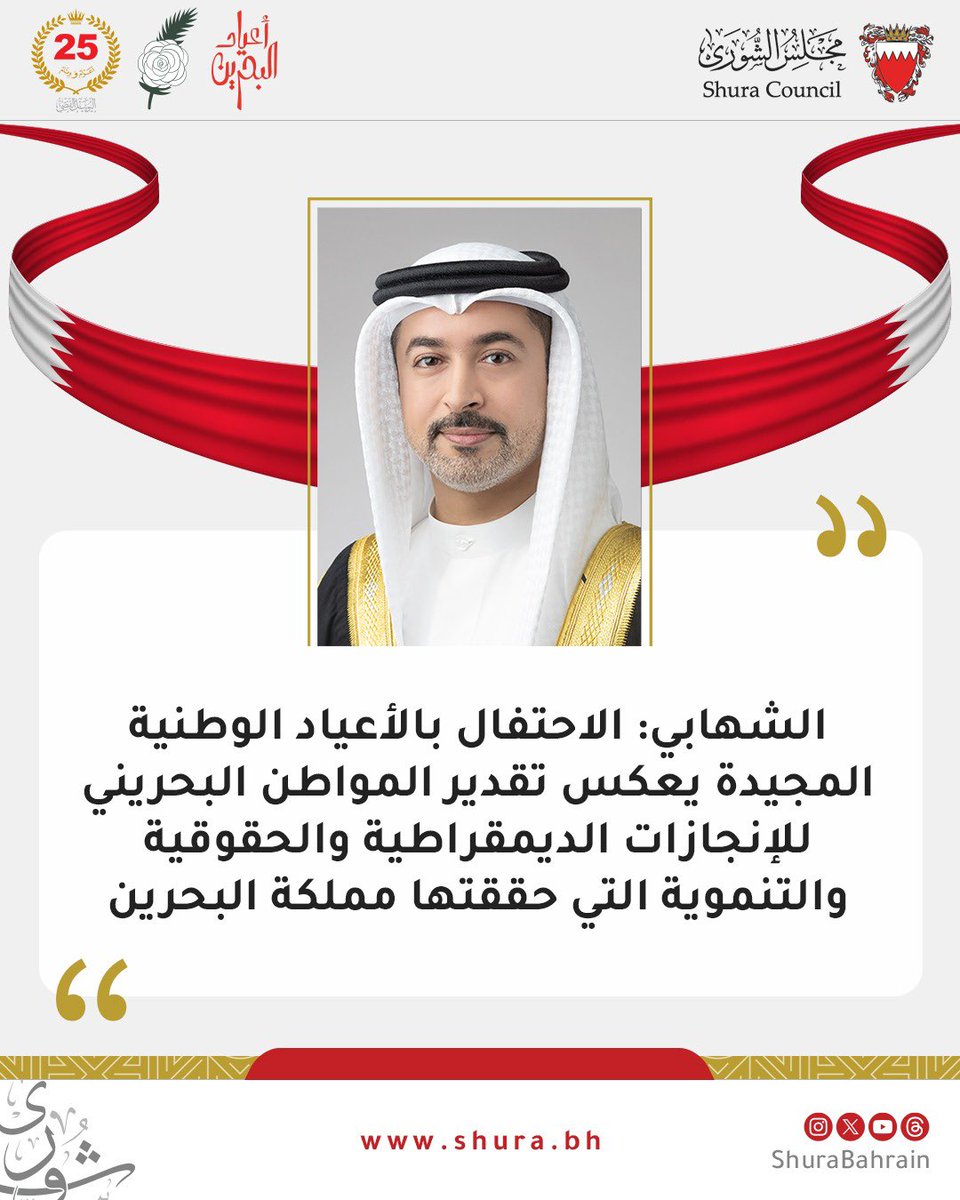 🔹 الشهابي: الاحتفال بالأعياد الوطنية المجيدة يعكس تقدير المواطن البحريني للإنجازات الديمقراطية والحقوقية والتنموية التي حققتها مملكة البحرين

shura.bh/news/15271

#مجلس_الشورى_البحريني
#مملكة_البحرين
#bahrain
#أعياد_البحرين