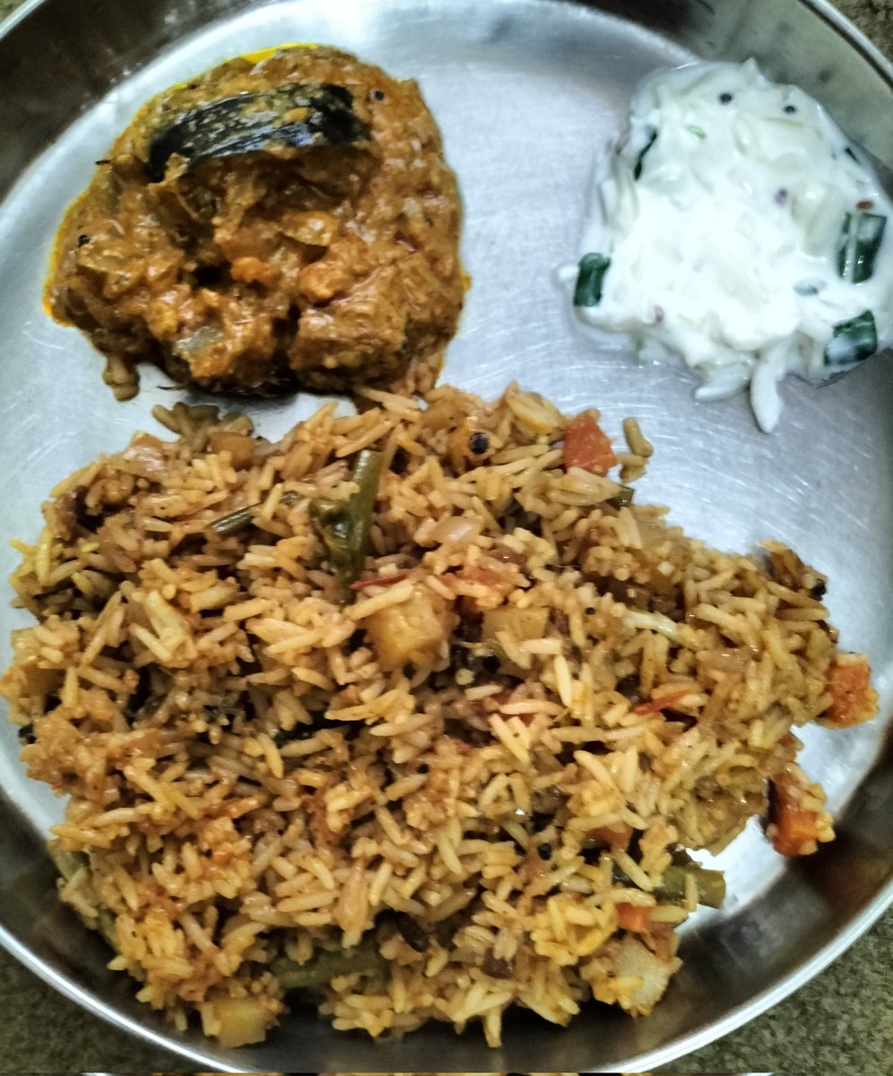 Sunday Lunch:
Vegetable Biryani with Aubergine/Brinjal gravey, Onion raitha with green chillies &amp; fresh coriander.