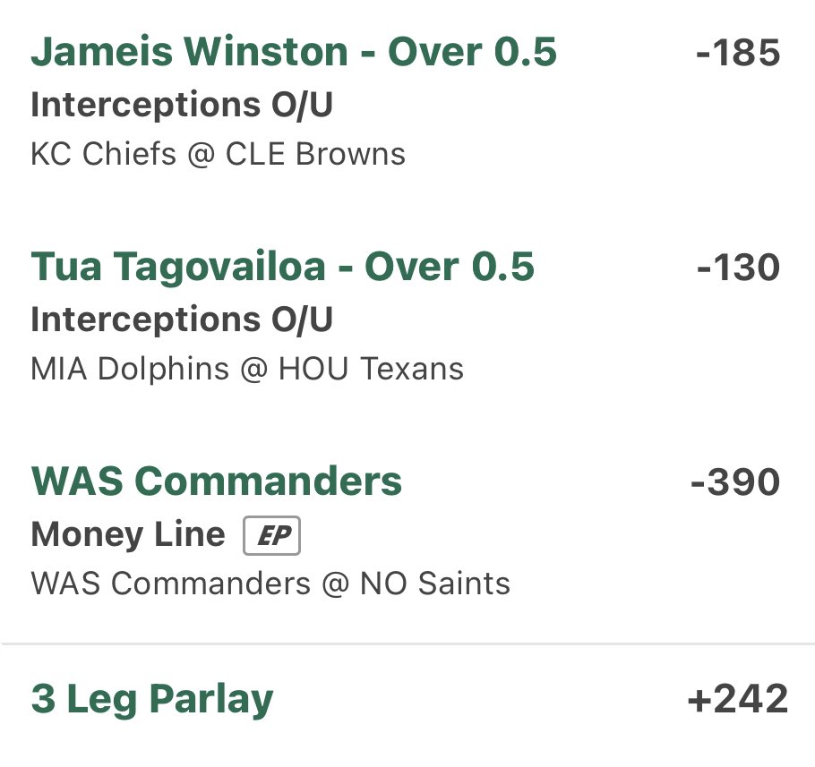 Then we have an interceptions parlay of course .. But I added the Commanders to sweeten the odds up from +172 to +242.

#GamblingX #GamblingTwitter #NFL