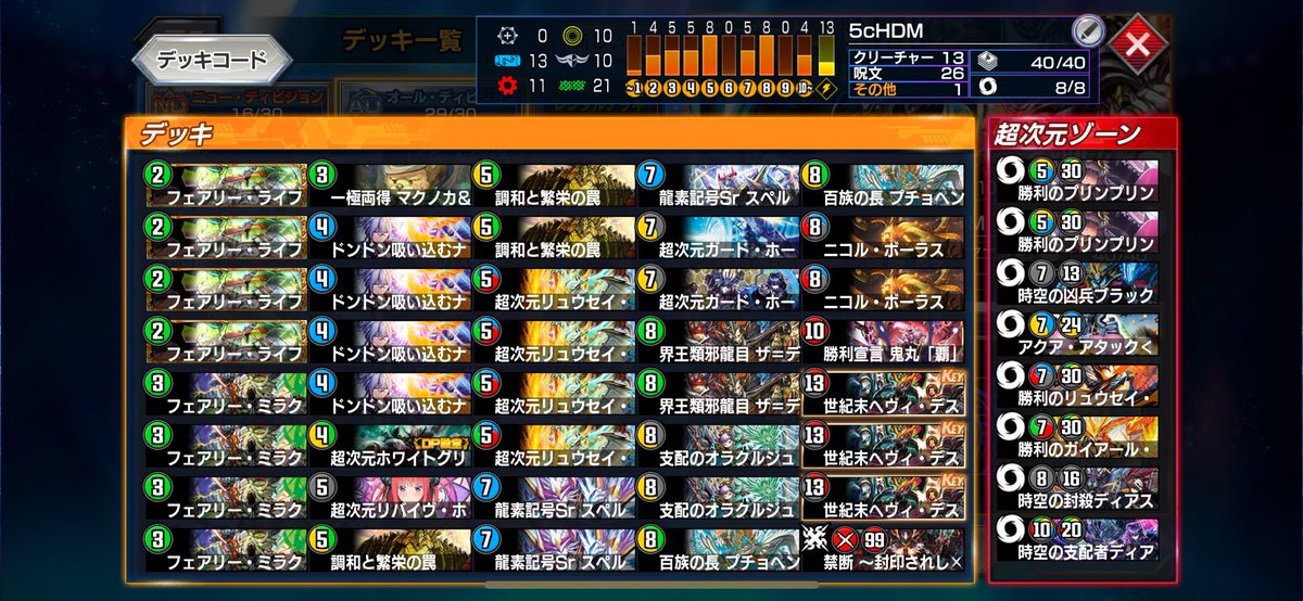 今期最終11位でした。
今期は5cHDMを使いました。
デッキ調整を手伝ってくれた鯖の皆さんに感謝です。