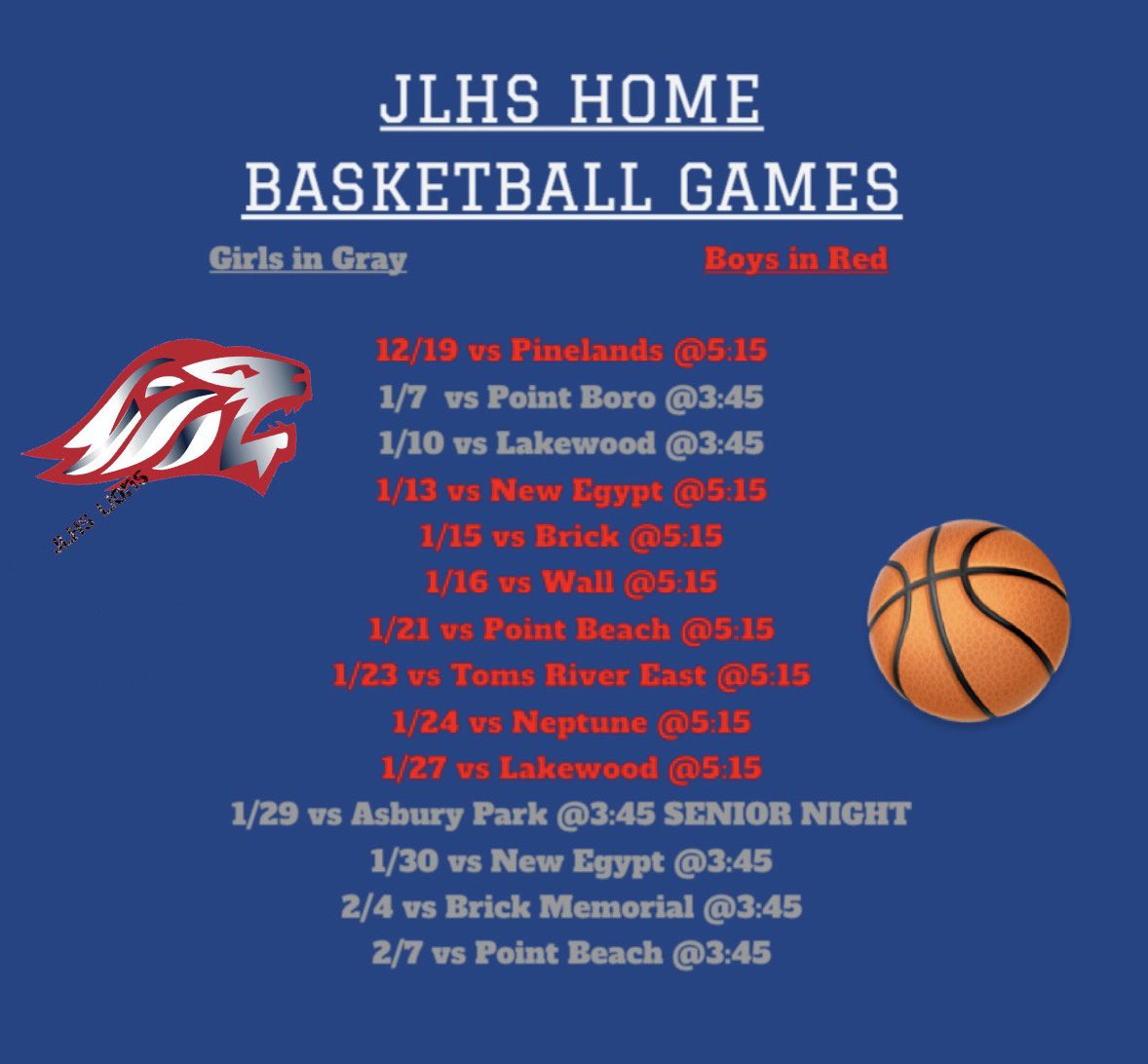 LIBERTY LIONS IT’S THAT TIME OF YEAR‼️Here is your regular season, home game schedule for our girls and boys basketball teams. WE HOPE TO SEE YOU THERE🏀🏀🦁🦁