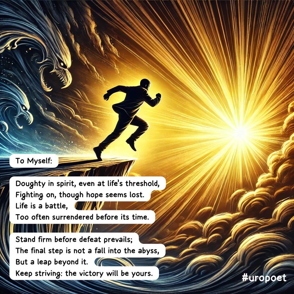 optionurol's tweet photo. #SymphAndJules #vss365 #uropoet #life
To Myself:
#Doughty in spirit, even at life’s #threshold,
Fighting on, though hope seems lost.
Life is a battle,
Too often surrendered before its time.
Stand firm before defeat prevails;
The final step is not a fall into the abyss,
But a leap beyond it.
Keep striving: the victory will be yours.