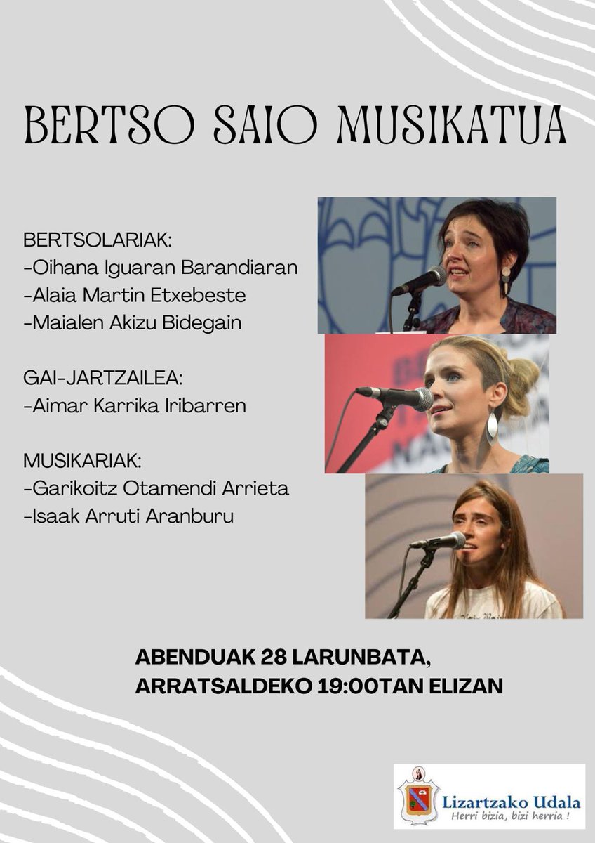 Abenduak 28 larunbata (19:00):
Bertso saio musikatua elizan