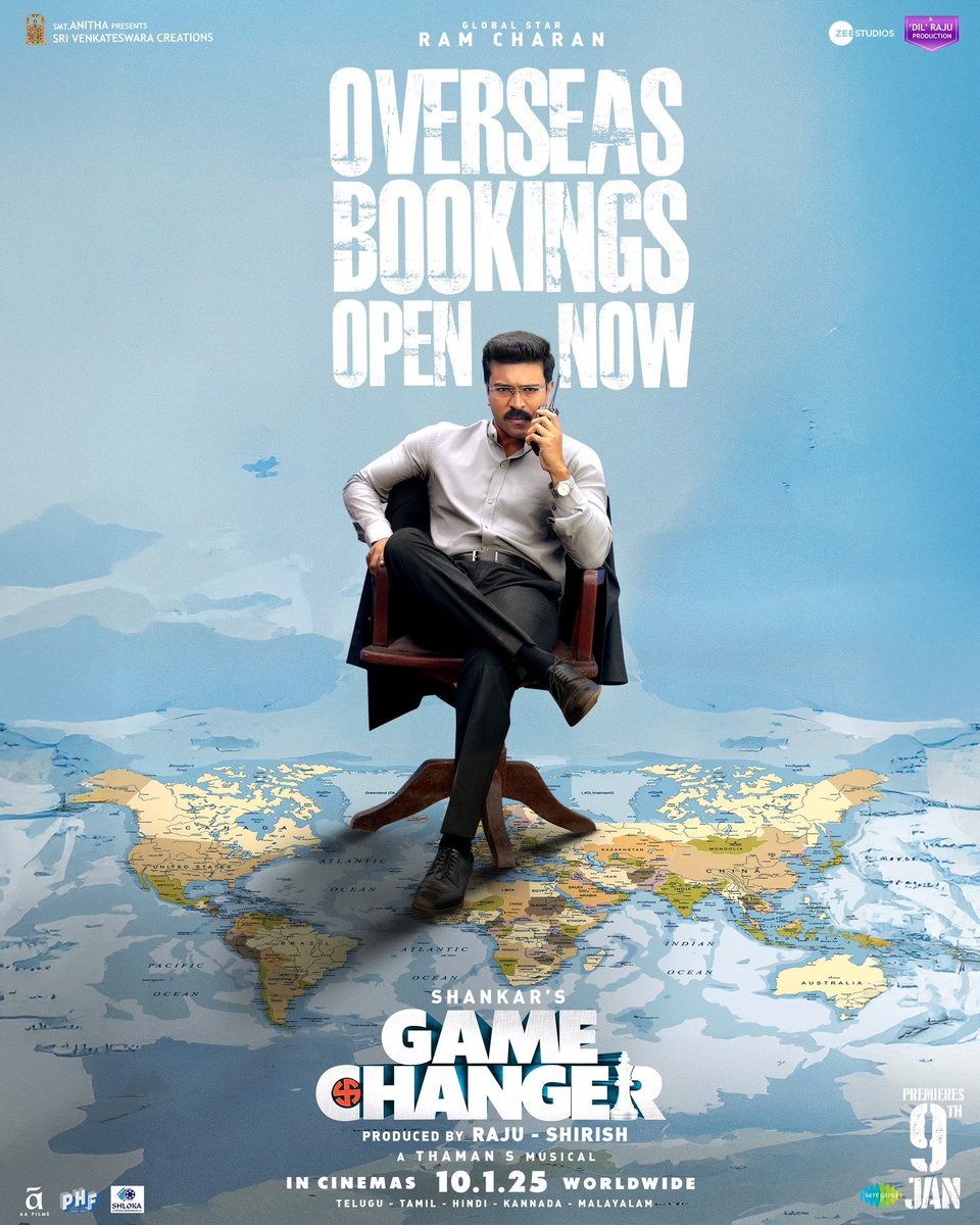 AlwaysRamCharan's tweet photo. A massive global storm has begun! #GameChanger overseas bookings are now open!  

Experience it in cinemas worldwide from 10-01-2025! ❤️‍🔥  

@shankarshanmugh @advani_kiara @yoursanjali @iam_SJSuryah @MusicThaman @DOP_Tirru @artkolla @AntonyLRuben @SVC_official @ZeeStudios_ @saregamaglobal @AAFilmsIndia @PharsFilm @ShlokaEnts