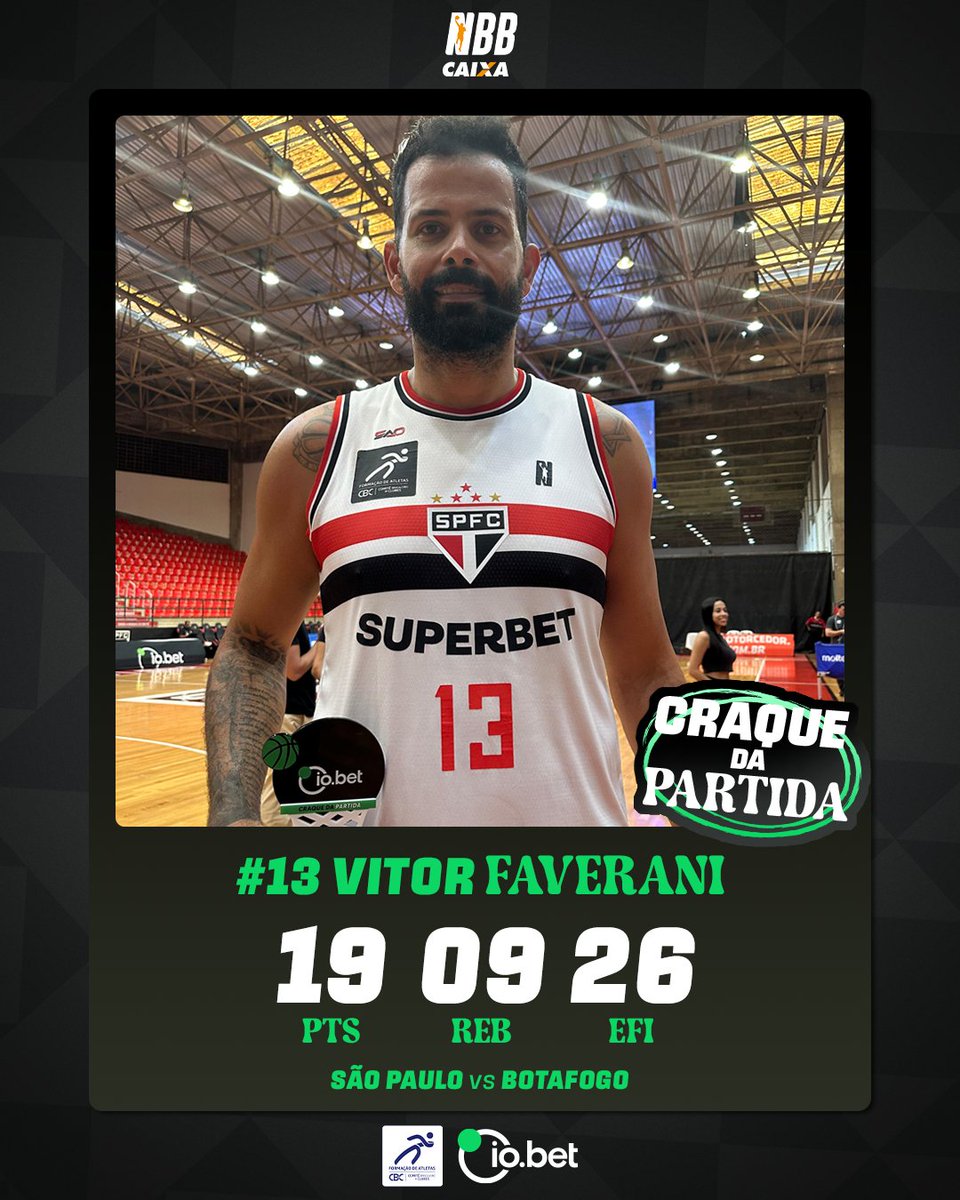 NBB's tweet photo. Ele é pura eficiência! 😮💨
Cestinha na vitória do @SPFCBasquetebol sobre o @BotafogoBsqt, Vitor Faverani foi o eleito o #CraqueDaPartida, premiação oferecida pela @sportsbetiobr e @CBClubes! 🔥
#OBasqueteAconteceAqui | #DeuGreen https://t.co/QphwM2Q1wu