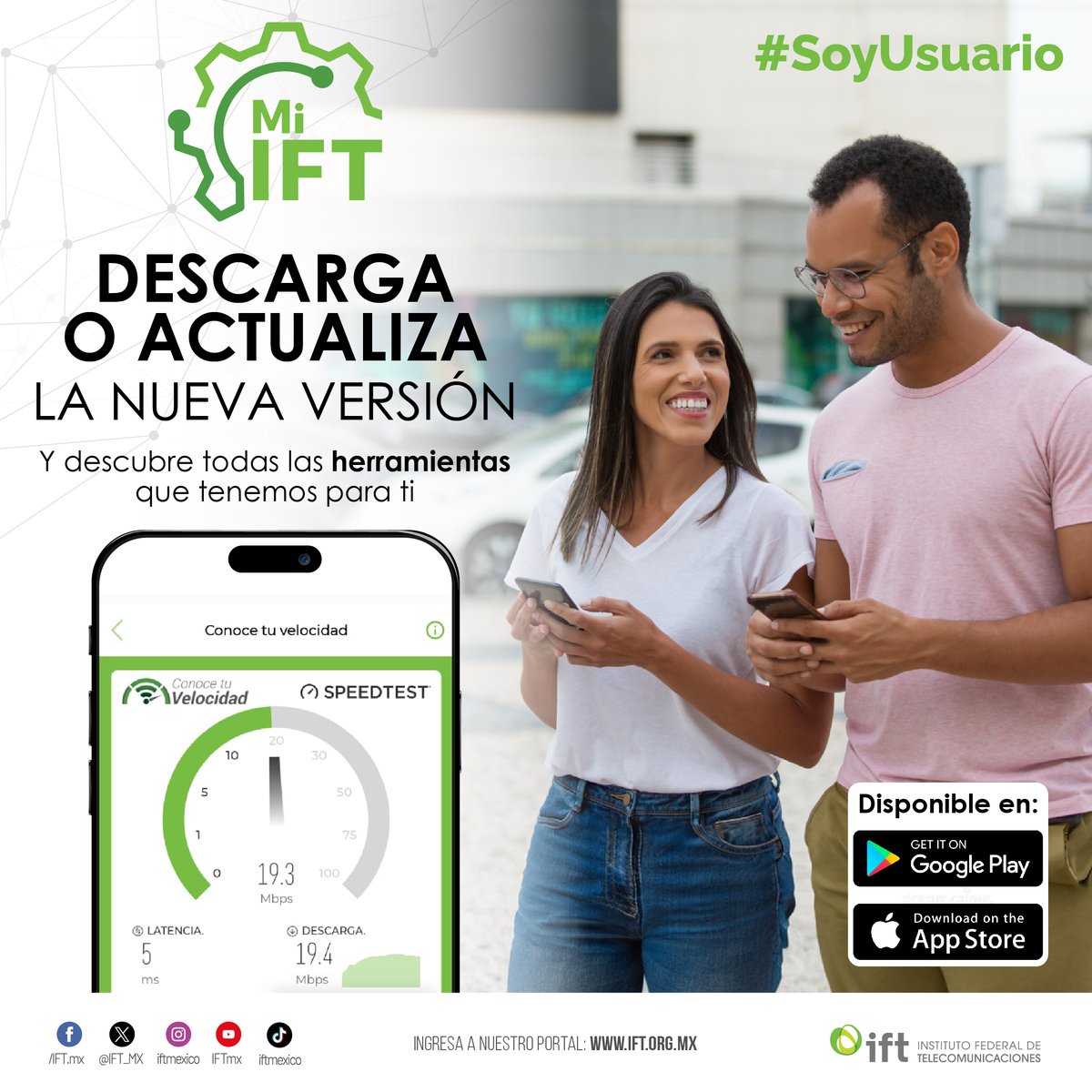 IFT_MX's tweet photo. ¿Aún no descargas nuestra app #MiIFT? 💔🥺 
¡Hazlo ahora!😍  
Disfruta de la nueva actualización y usa nuestras #HerramientasIFT: #SoyUsuario📬, Conoce tu velocidad🛜, Comparador de #Contratos📝, Simulador 📈y Portabilidad📲. 
🔗https://t.co/gL4boovky0 
🔗 https://t.co/j7k5HeAJYd https://t.co/ktdzXsuG56