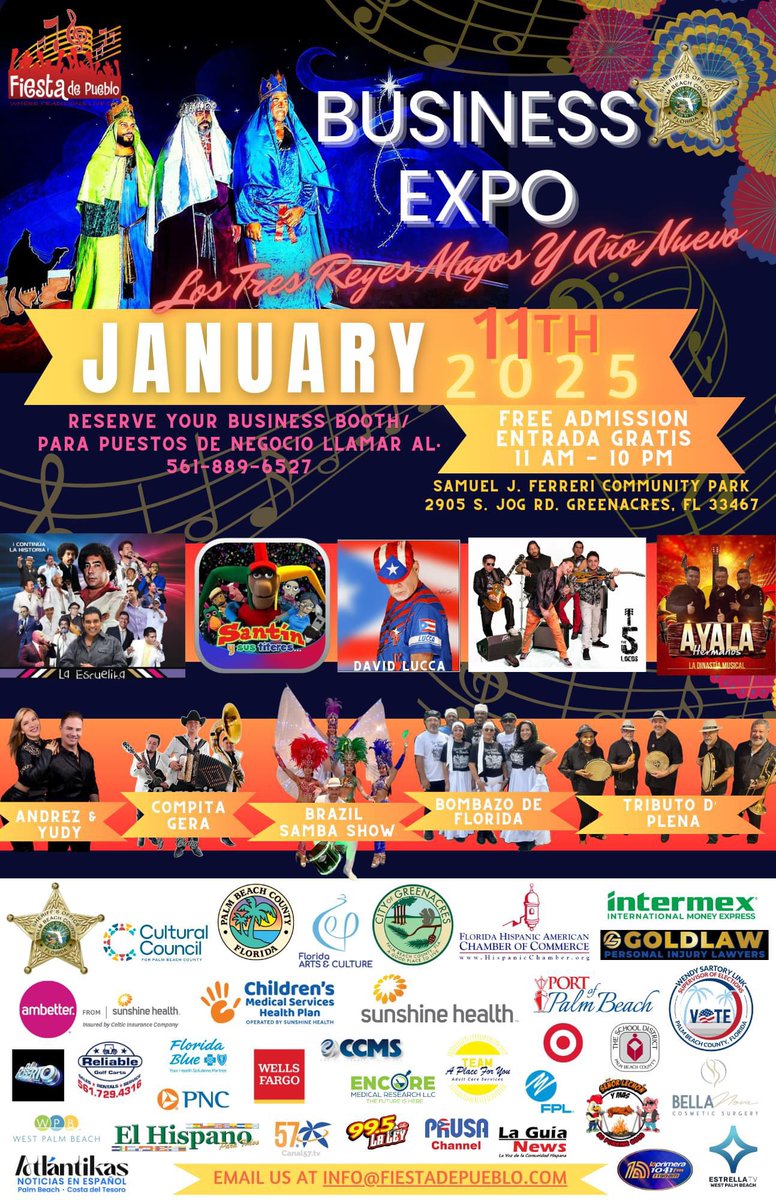 Promote your business at Fiesta De Pueblo &amp; Business Expo!
Ven a celebrar la llagada de Los Tres Reyes Magos a Fiesta De Pueblo &amp; Business Expo con Tommy Olivencia Jr. en Enero 11, 2025 en el SJF Community Park 2905 S. Jog Road Greenacres, Fl. FiestaDePueblo.com