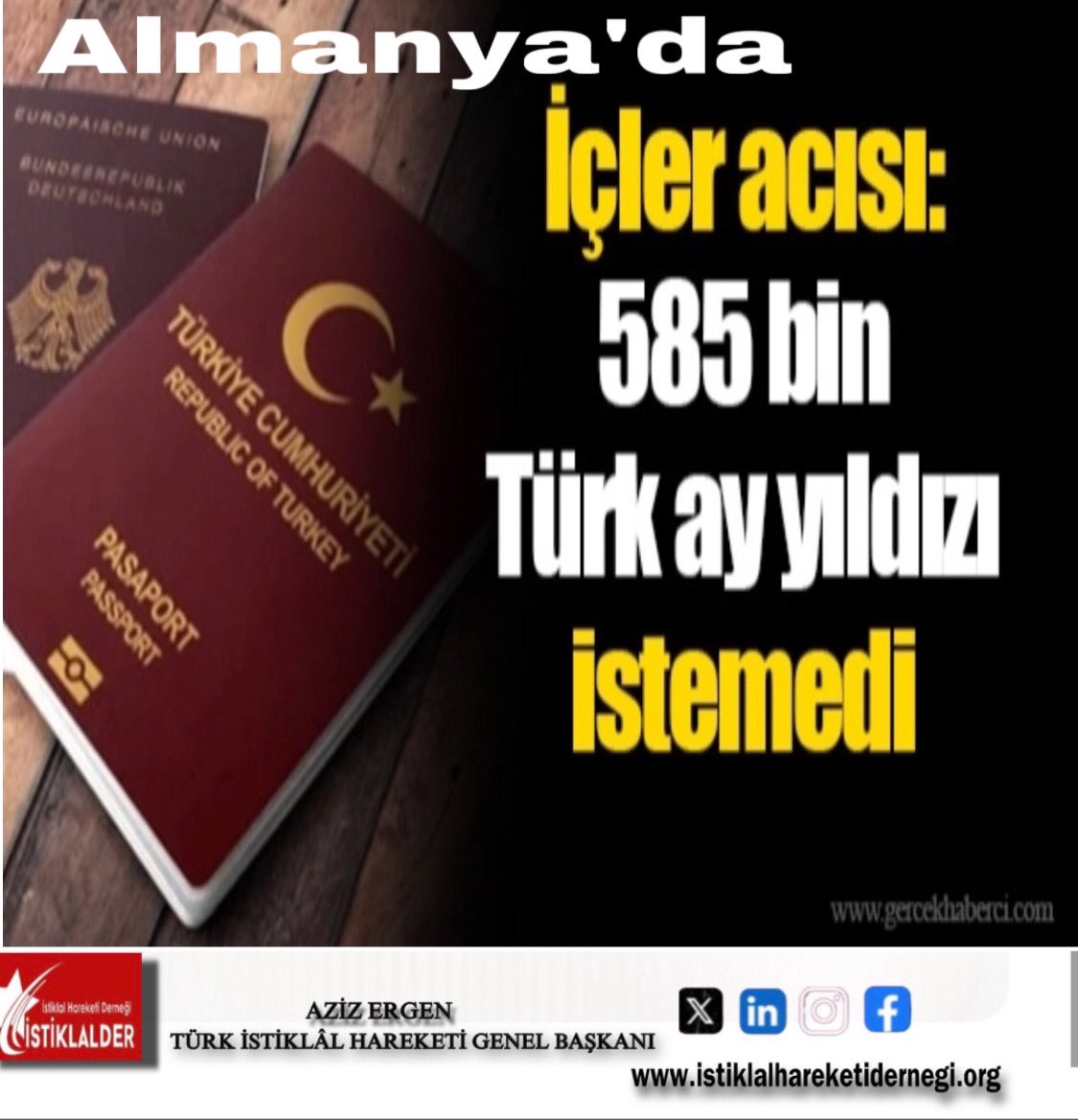 🩸Almanya’da çifte vatandaşlığı mümkün kılan yasa, 6 ay önce yürürlüğe girdi. 

🩸Hak sahibi 600 bin Türk’ten sadece 15 bini ay yıldızlı pasaportu istedi.  

🩸585 bin Türk ise maalesef sadece Alman vatandaşı olarak kalmayı tercih edip ay yıldızlı pasaportu istemedi.

 🩸Ülkemizi