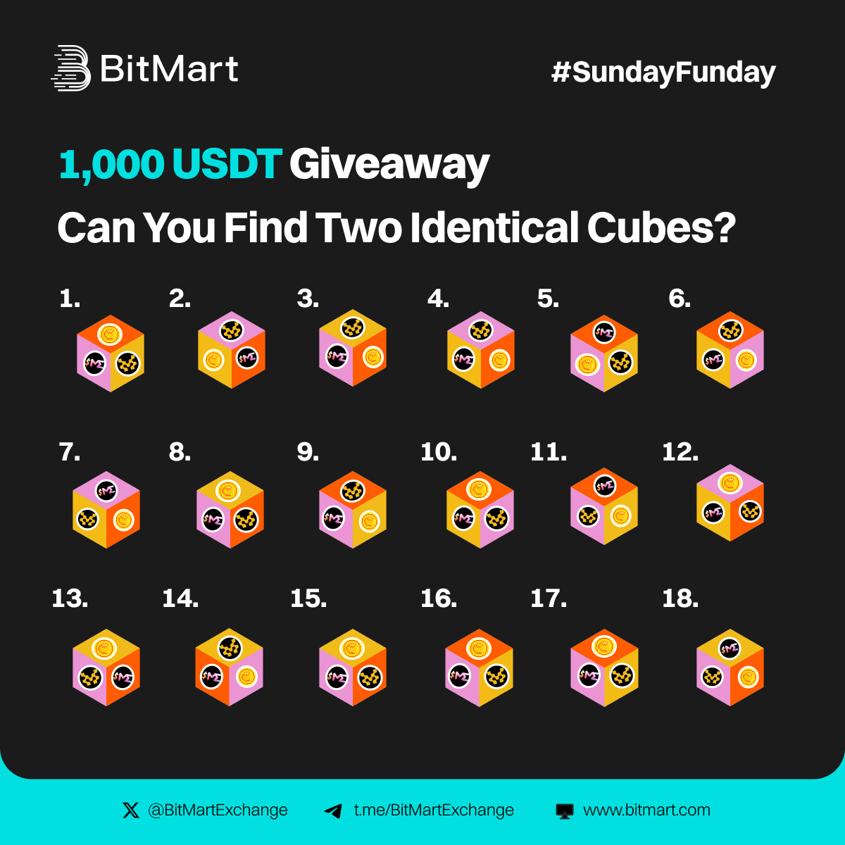 🤯 Are you ready to have your mind boggled? Find the two identical cubes for your chance to share 1,000 USDT!

1️⃣Follow us
2️⃣QT with your answer &amp; tag 3 friends
3️⃣Fill: forms.gle/y3NvXGCEcHhZcx…

$MOVE $ME $TOMA #giveaway #BitMart