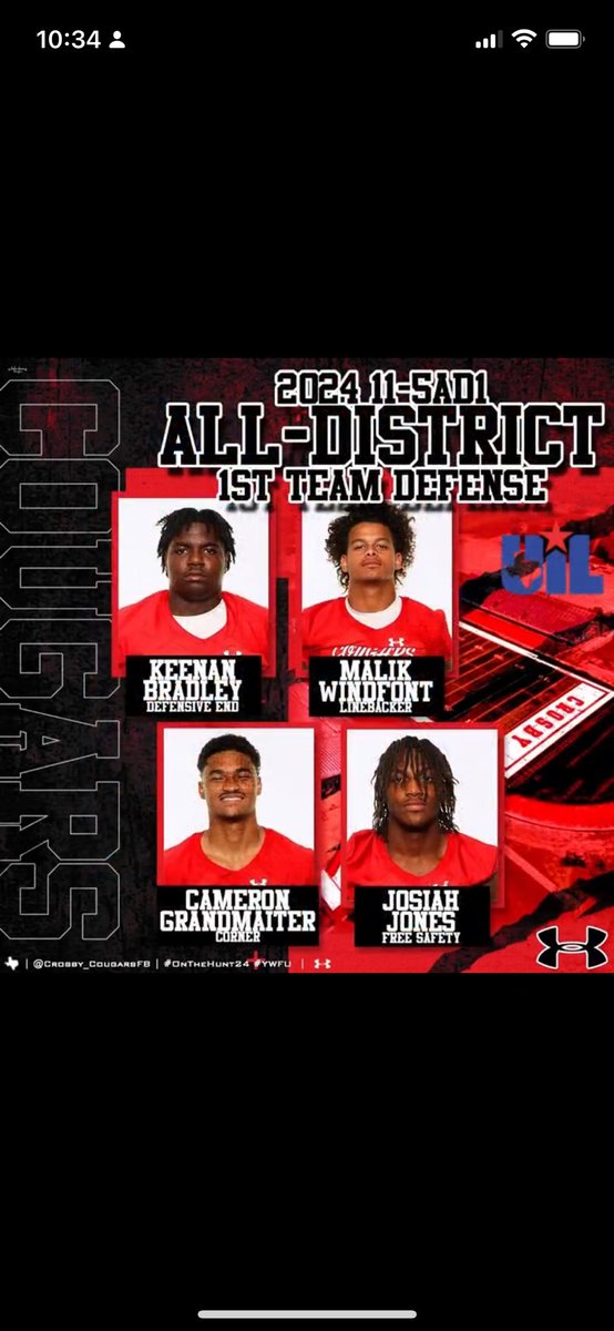 2 year in a row making first team all district. #BlessedAndGrateful  <a href="/CoachJoeWillis/">Joe Willis</a> <a href="/TxEliteAthletes/">Elite Training Academy</a> <a href="/Crosby_CougarFB/">CrosbyCougarsFB</a>