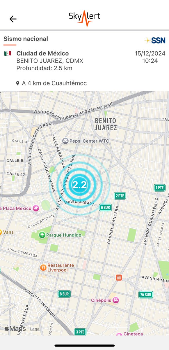 SkyAlertMx's tweet photo. #SismoCDMX- Esta mañana, a las 10:24 h, se registró #sismo de magnitud 2.2 con epicentro cercano al cruce Insurgentes y Av del Valle.

Se reportaron percepciones en colonias cercanas al epicentro. https://t.co/KdFJaFC4MV