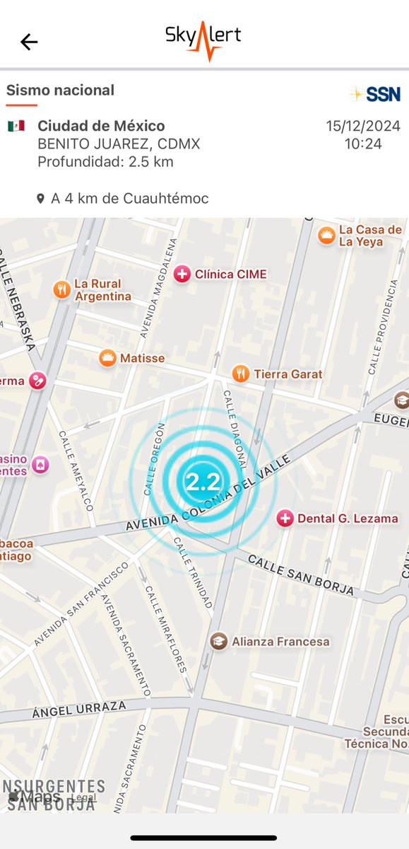 SkyAlertMx's tweet photo. #SismoCDMX- Esta mañana, a las 10:24 h, se registró #sismo de magnitud 2.2 con epicentro cercano al cruce Insurgentes y Av del Valle.

Se reportaron percepciones en colonias cercanas al epicentro. https://t.co/KdFJaFC4MV