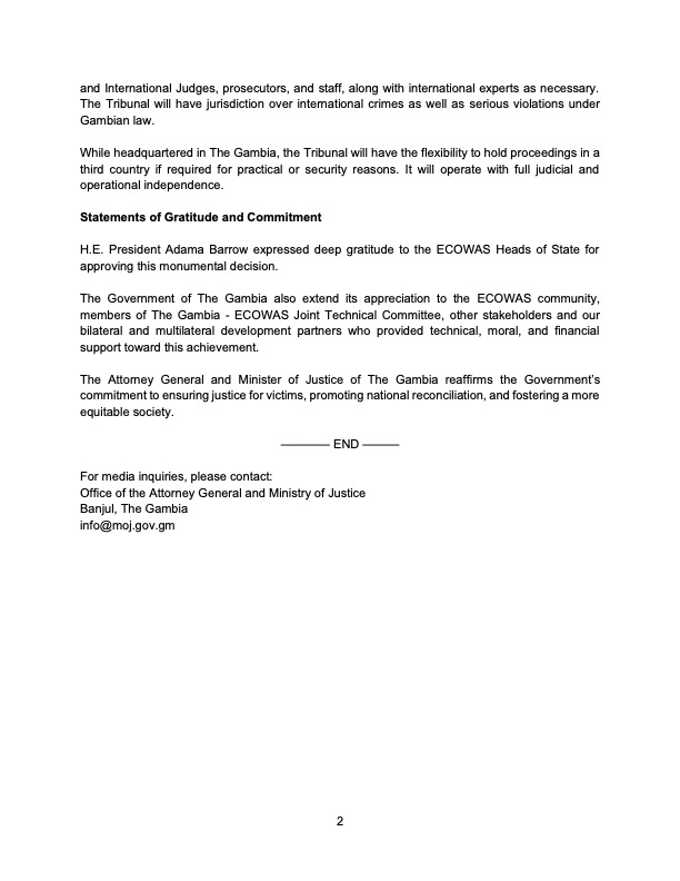 PRESS RELEASE: The Authority of Heads of State of ECOWAS approves the establishment of The Special Tribunal for The Gambia to prosecute perpetrators of gross Human Rights violations.