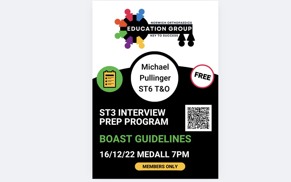 NorwichOrtho Education Group (@norwichorthoed) on Twitter photo BOAST Guidelines!
What you definitely need to know, what you should skim and what you can surely skip. For the next ST3T&O Interviews! Michael Pullinger T&O SPR EoE Deanery.
When: 16th December 7 PM
Where: app.medall.org/events/9ba7354…
Not a member yet? email: saharish6030@gmail.com BOAST Guidelines!
What you definitely need to know, what you should skim and what you can surely skip. For the next ST3T&O Interviews! Michael Pullinger T&O SPR EoE Deanery.
When: 16th December 7 PM
Where: app.medall.org/events/9ba7354…
Not a member yet? email: saharish6030@gmail.com
