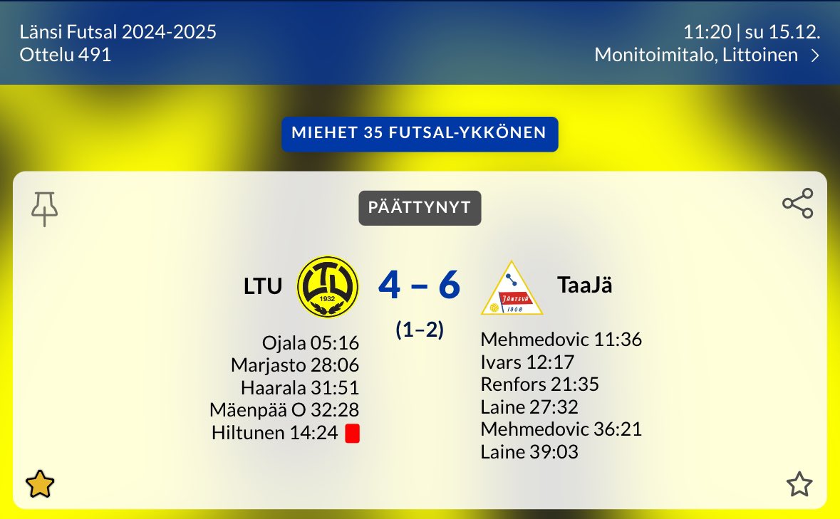 Miehet 35 Futsal-Ykkönen:

PiPS - LTU 4-3 (3-0)

tulospalvelu.palloliitto.fi/match/3707753/…

LTU - TaaJä 4-6 (1-2)

tulospalvelu.palloliitto.fi/match/3707754/…