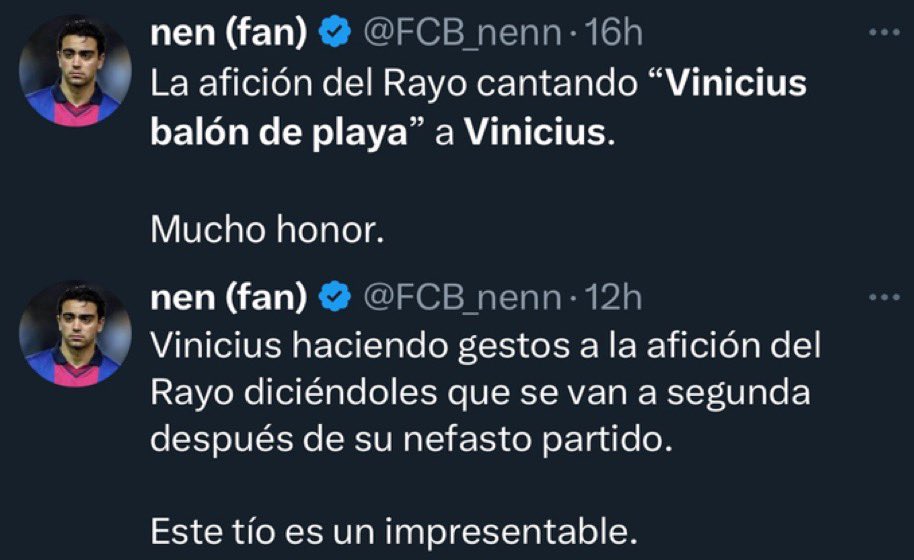 Pitan y se burlan de Vinicius nada más entrar al campo:

“Mucho honor😍😂🤤💅”

Vinicius responde:

“Este tío es un impresentable🤬😤😭”

Manejan el relato como quieren.