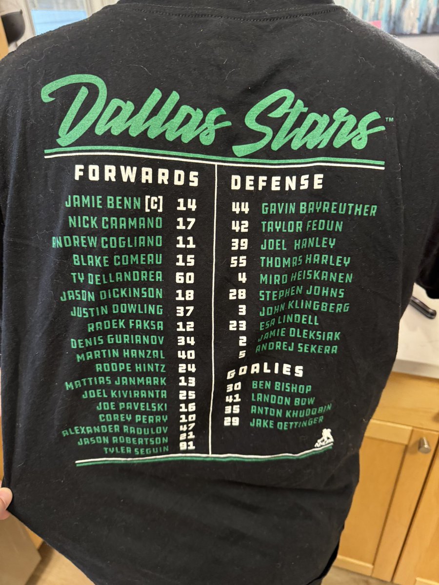 DallasStarsDDH's tweet photo. My brother pulled up to breakfast with a crazy Dallas Stars shirt.

Look at those goalies
#TexasHockey https://t.co/m7ZsvFptOy