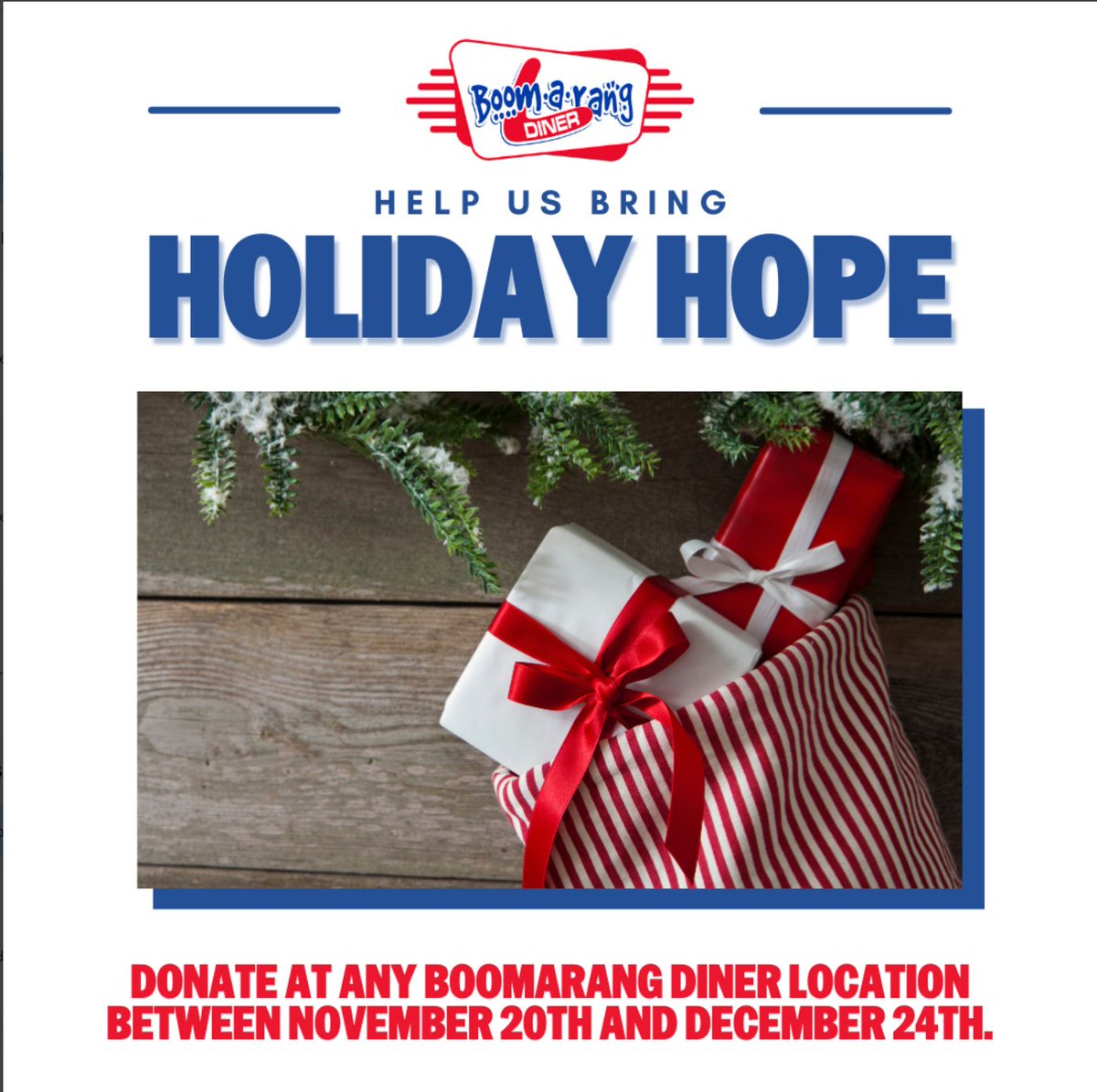 EatBoomarang's tweet photo. Help us make a difference this holiday season! We're collecting donations at the register for Holiday Hope. Let's bring smiles to kids in foster care. Your small act of kindness can brighten their Christmas!

#HolidayHope #KeepComingBack #ItAllStartsHere https://t.co/KfzlitlqDg