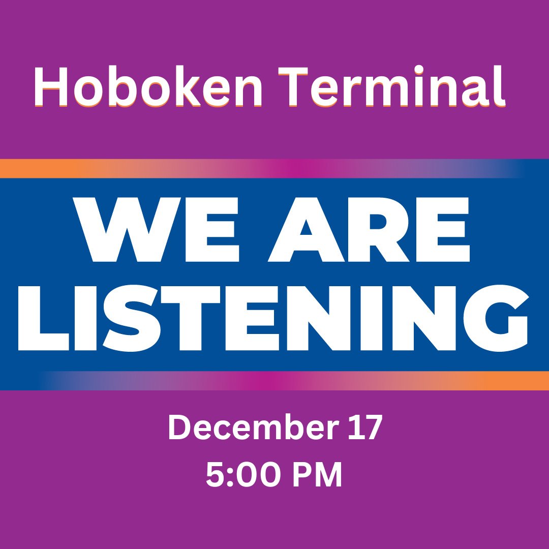 NJTRANSIT's tweet image. We Are Listening forums are back! Don’t miss the chance to meet the new Customer Advocate and connect directly with operational groups and customer service teams at our first event on December 17 at 5 pm in Hoboken Terminal. Be heard and help shape the future of NJ TRANSIT!