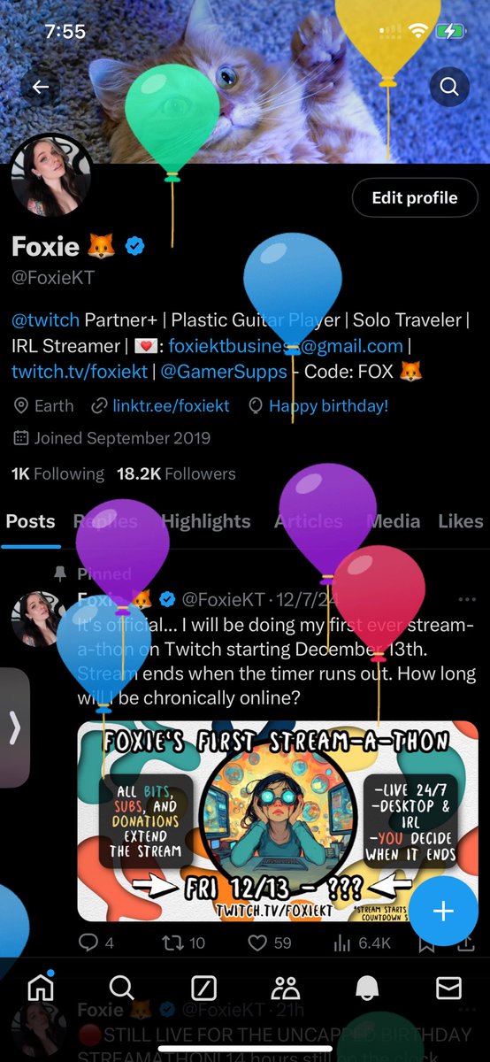 FoxieKT's tweet photo. Balloon day 🎈 I’m still live for my uncapped streamathon! 3 days in, 17 hours still on the clock! Let’s celebrate! 🙌🏻 https://t.co/OyltADXJ4Z
