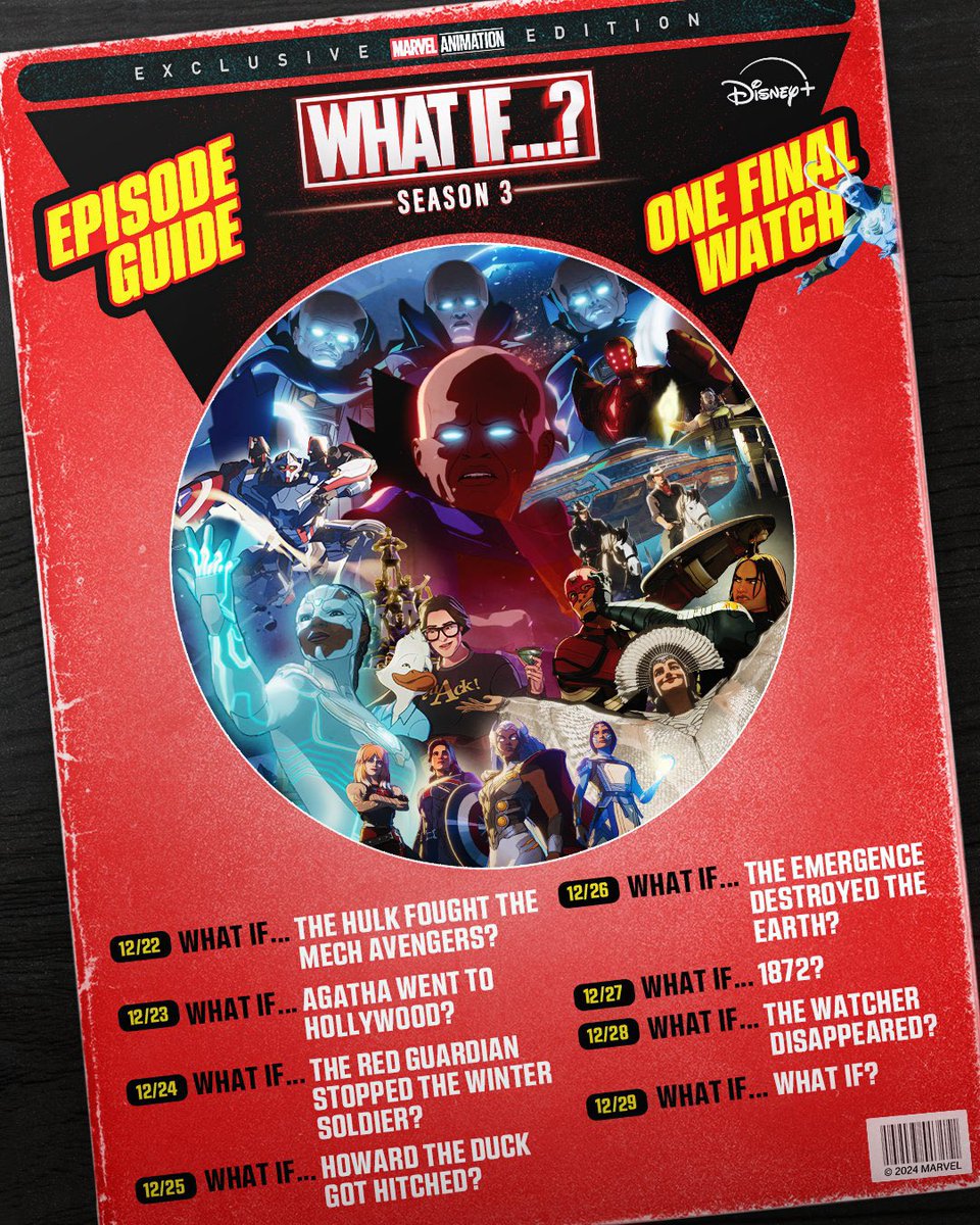DiscussingFilm's tweet photo. The ‘WHAT IF…?’ Season 3 episode titles have been revealed.

• What If The Hulk Fought The Avengers
• What If Agatha Went To Hollywood
• What If The Red Guardian Stopped The Winter Soldier
• What If Howard The Duck Got Hitched
• What If The Emergence Destroyed Earth
• What If… 1872
• What If The Watcher Disappeared
• What If?