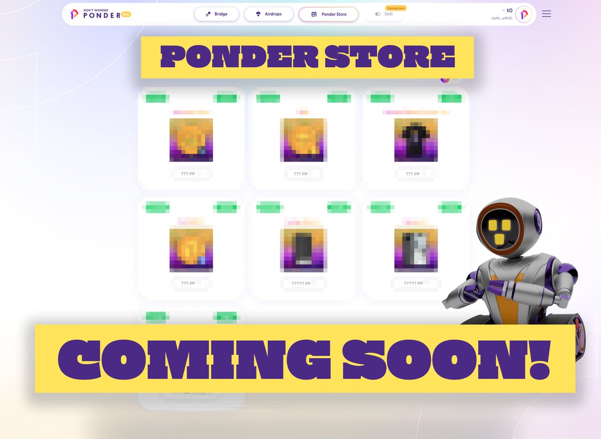 Ponder_One's tweet photo. Ponder Store is almost here!⌛️

Welcome to the #PonderOne Store! Here, you can exchange your #PonderPoints, earned simply by using the platform, for a variety of exciting rewards and goodies. More info coming soon 🚀

The store will bring real world items, exclusive apparel you can only get from the store, various Tokens and more! 🎁

Can you tell what's in store? Ponder bot looks surprised!