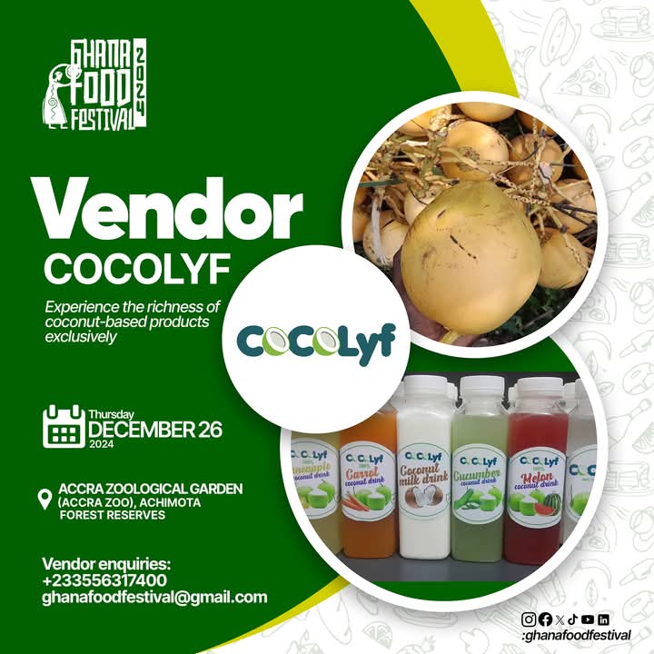 Ghfoodfestival's tweet photo. 🌟 We’re thrilled to welcome COCOLYF to the Ghana Food Festival 2024 - #BronyaEdition! 🌟

Join us as COCOLYF brings fresh, raw coconuts, 100% natural coconut juice, and coconut-based products directly from the site. A perfect tropical treat for the festival! 🥥

#decemberingh https://t.co/44bB6KUnxe