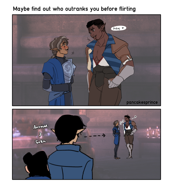 pancakesprince's tweet photo. #davrin flirts with the wrong(?) guy (ft. antoine and evka)

#veilguard #dragonage 

arvel mahariel - he/they https://t.co/JzmwpQL3m5