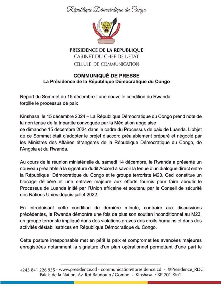 OmbaKasongo's tweet photo. @Presidence_RDC
#ProcessusdeLuanda |e Communiqué de presse de la Présidence de la #RDC suite à l’annulation de la tripartite prévue ce dimanche à #Luanda, en #Angola. https://t.co/sCg9ttDUPy