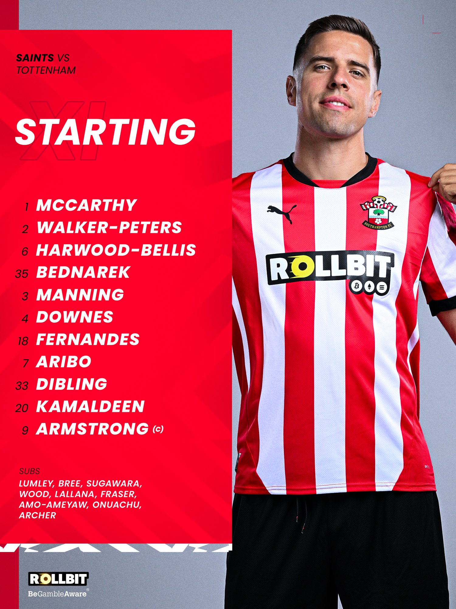 Southampton's starting XI against Tottenham, featuring Jan Bednarek as the featured player image on the right: McCarthy, Walker-Peters, Harwood-Bellis, Bednarek, Manning, Downes, Fernandes, Aribo, Dibling, Kamaldeen, Armstrong (c).SUBS: Lumley, Bree, Sugawara, Wood, Lallana, Fraser, Amo-Ameyaw, Onuachu, Archer.