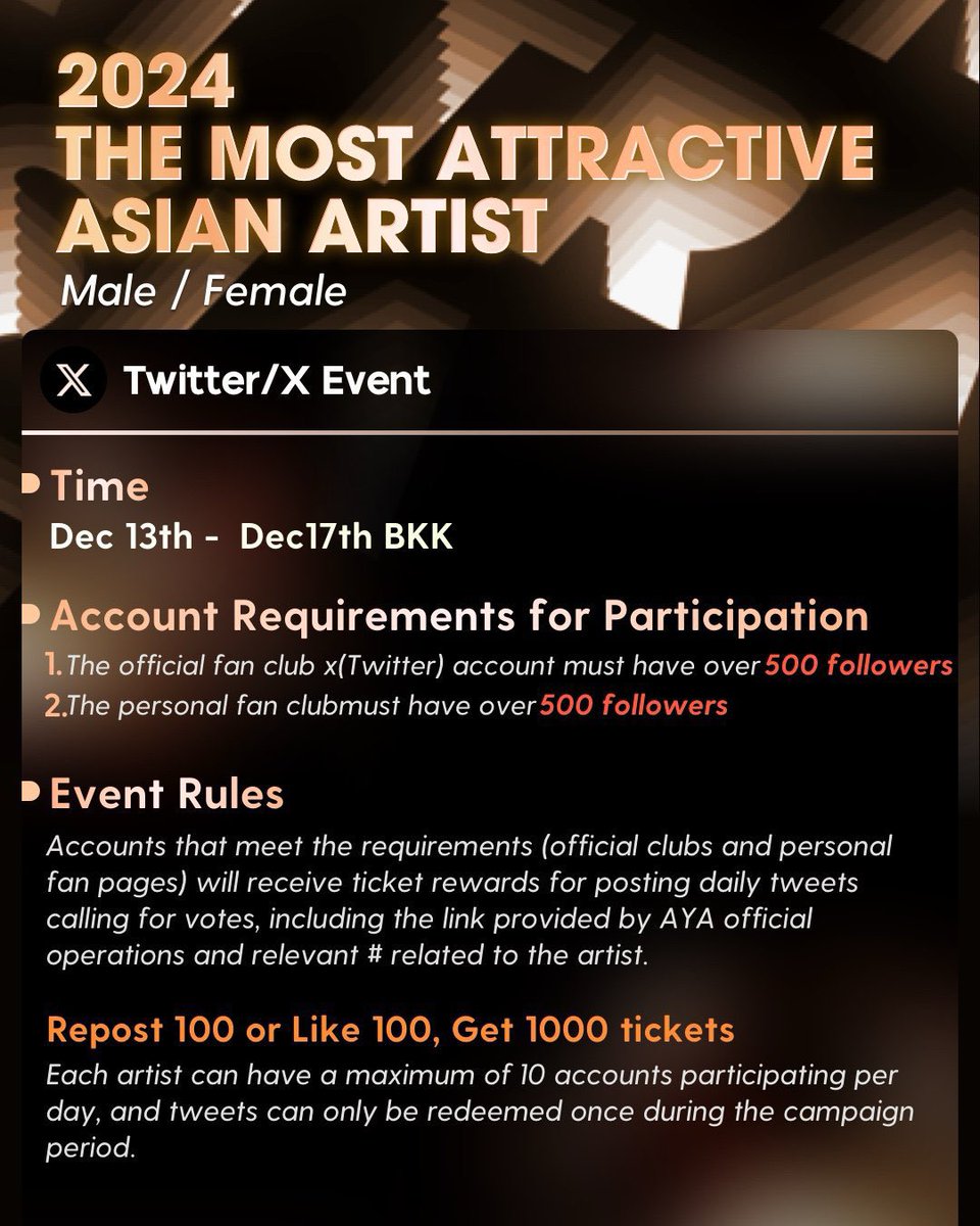 📥 AYA AWARDS | X EVENT 📥
(Day 04)

Come and join us to vote for BUILD in 2024 THE MOST ATTRACTIVE ASIAN ARTIST

🔗: ayaglobal.club/idol/155/?sid=…

🎯 100 Repost/Like = 1000 tickets

#ARTISTOFTHEYEARAWARD
#BuildJakapan <a href="/JakeB4rever/">BIU.</a> #Beyourluve