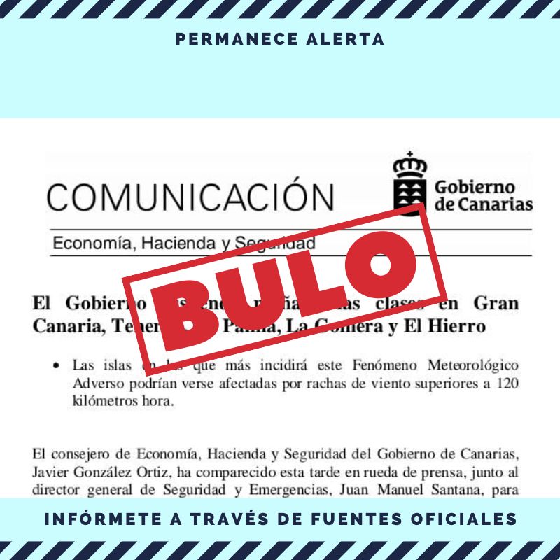 🔴 Ante la proliferación de comunicaciones falsas sobre la suspensión de clases este lunes debido a la situación meteorológica, #EducacionGobcan reitera que se limita a El Hierro, La Gomera y a los seis municipios de Tenerife anunciados hasta el momento por sus canales oficiales.